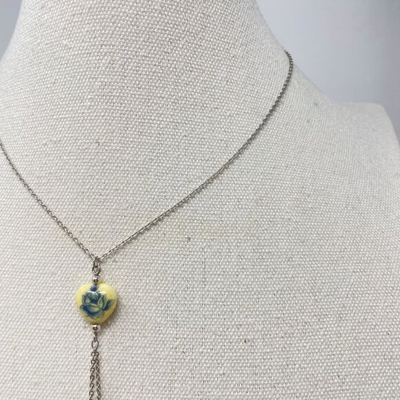 Vintage Japan Necklace & Bracelet Set Blue Rose Y-Drop Chain Dainty Heart - Picture 5 of 13